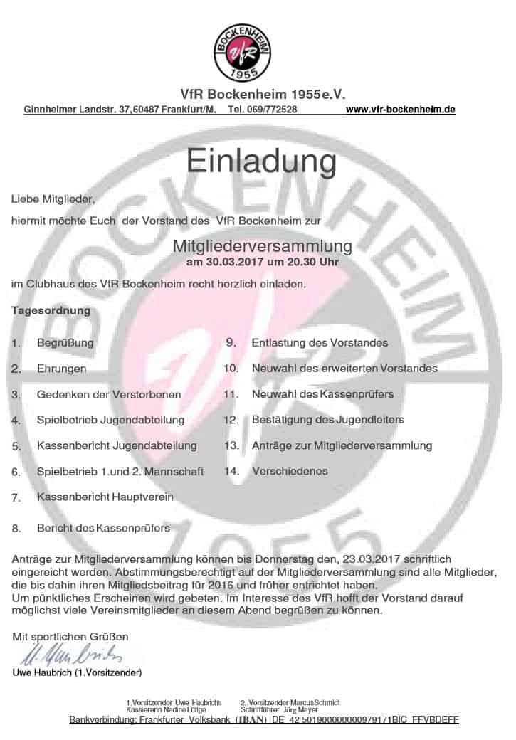 Einladung Jahreshauptversammlung 2017